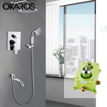 

OKAROS Bathroom 2 Functions Chrome Finished Shower Mixer Tap Set Chrome Bathtub 8 Inch Waterfall Concealed Shower Faucet