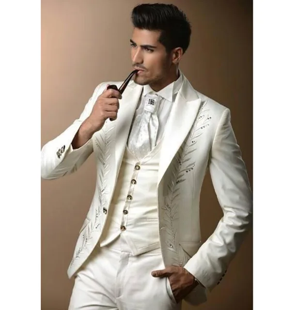 Custom Made Classic Embroidery White Men's Party Suits Groom Tuxedos