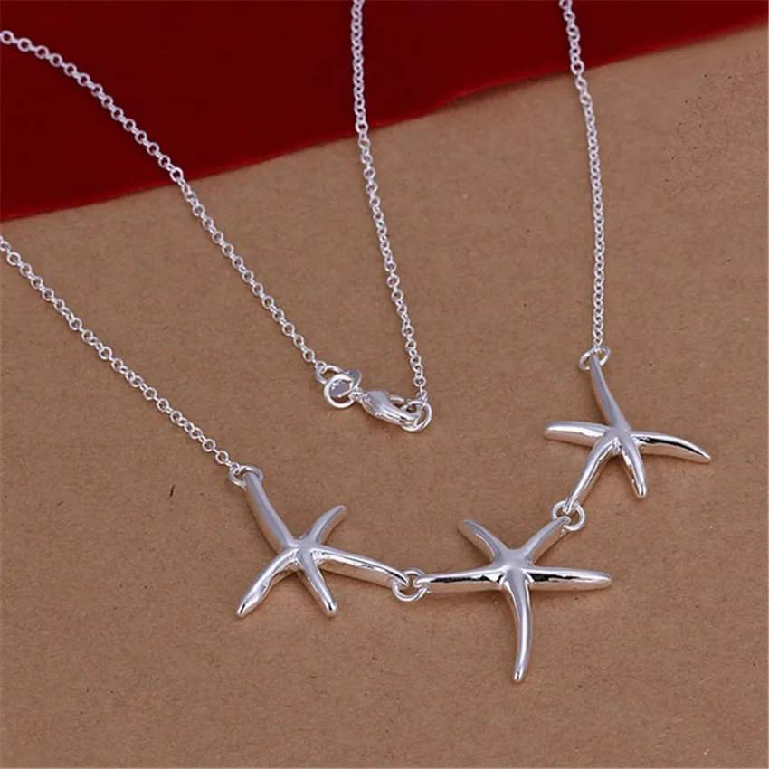

Free shipping Popular Beautiful fashion Elegant silver color jewelry charm Three starfish pendant Necklace N124 Kinsle