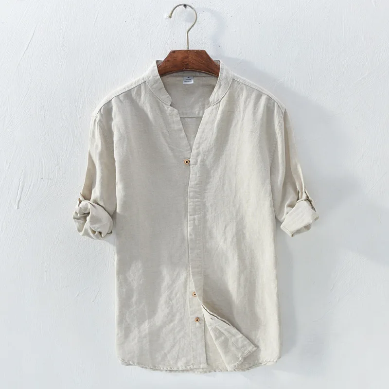 Мужская весенне-Осенняя мода года, брендовая винтажная хлопковая льняная рубашка в японском стиле с длинными рукавами и v-образным вырезом, мужская повседневная Однотонная рубашка