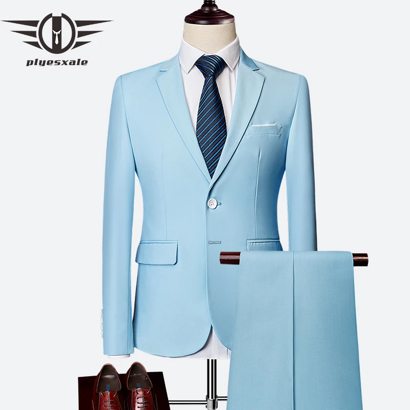 Plyesxale костюм из двух предметов для мужчин небесно-голубой серый белый мужские свадебные костюмы смокинг Slim Fit Мужские костюмы с брюками Бургундия Q64