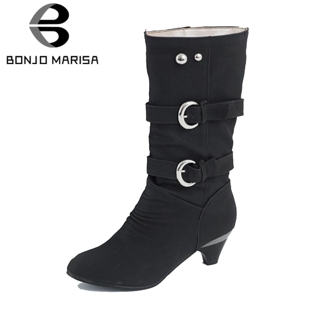 

BONJOMARISA 2019 Autumn Winter Big Size 34-43 Hot Sale Dropship Western Women mid-calf Boots High Heels Fur Boots Shoes Woman