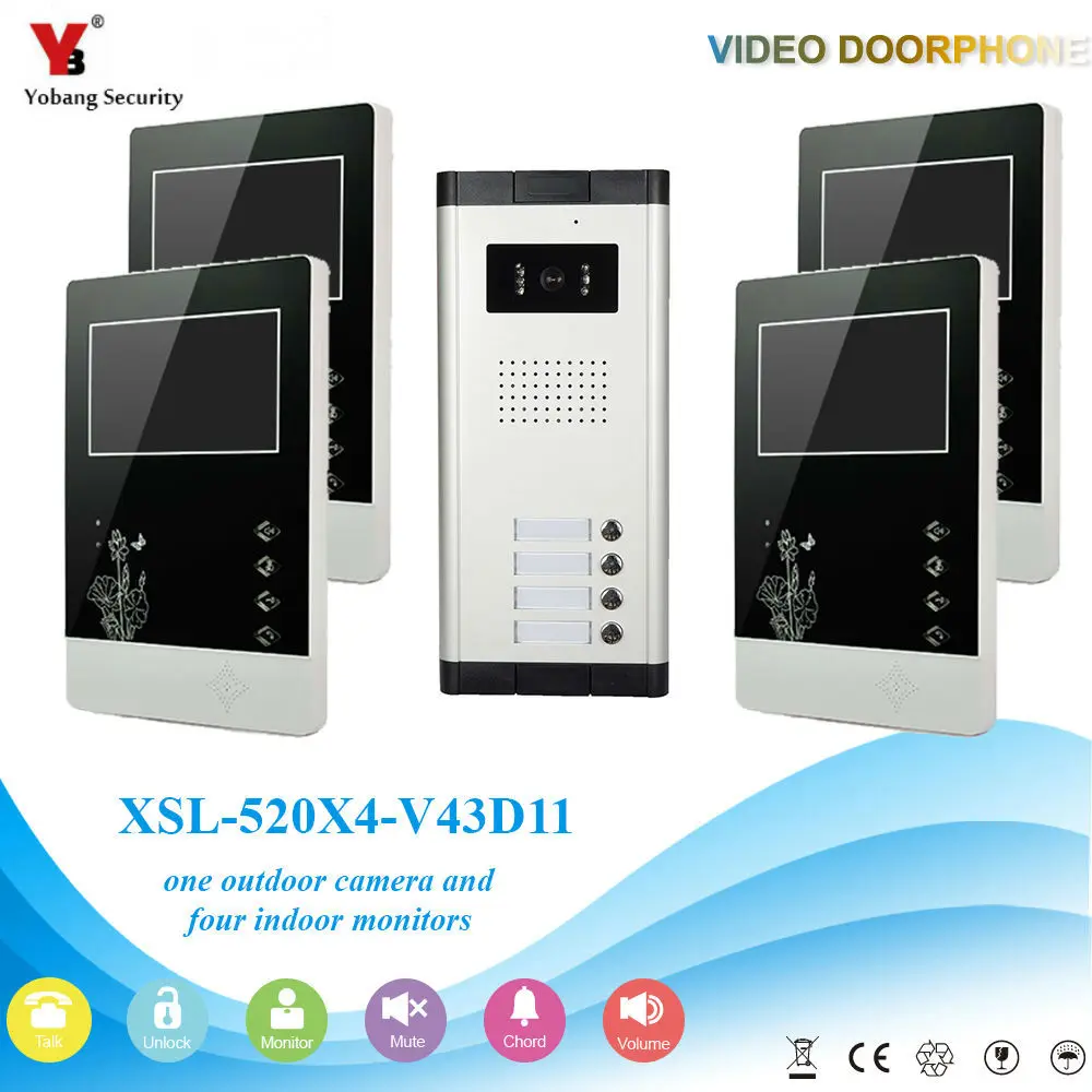 Yobang Security One to Four Video Doorphone Video Apartment Door Phone Security System Video&Audio Home Intercom For 4 Rooms