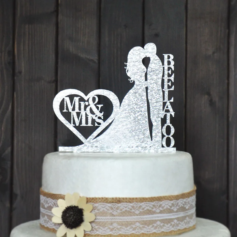 Personalized Wedding Cake Topper, Wedding Decoration, Acrylic silver glitter, Custom wedding