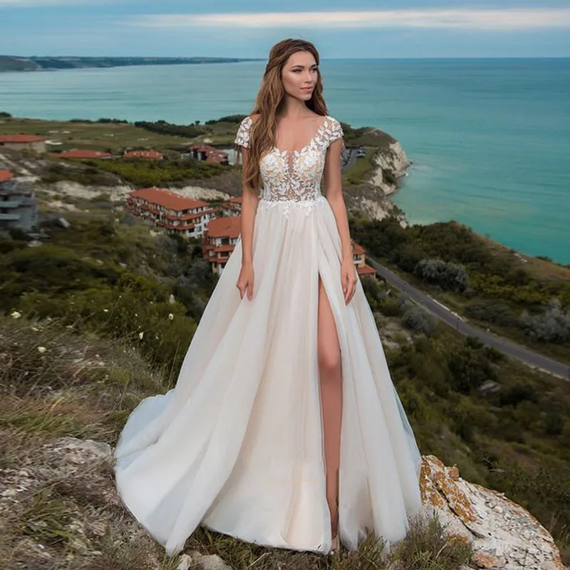 

Eightale Beach Wedding Dresses Appliques Lace Side Split Sexy Wedding Gown A-Line Bride Dress suknia slubna