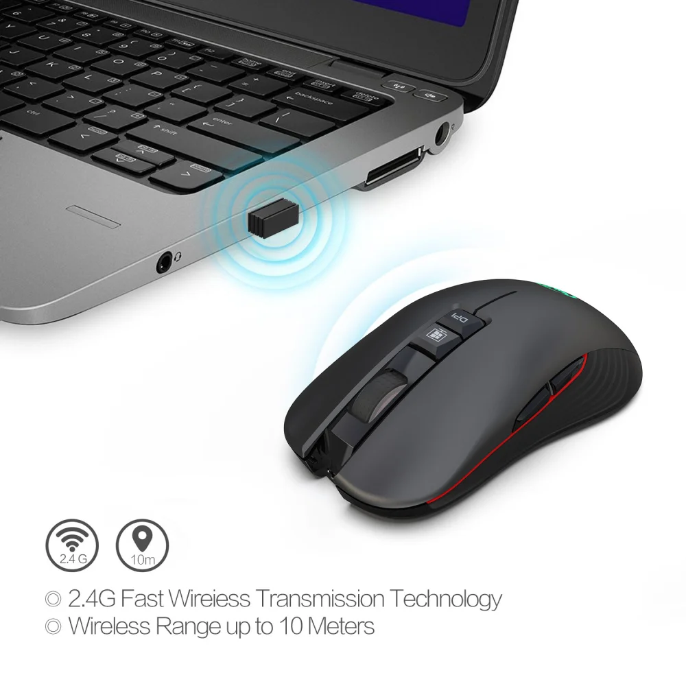 HXSJ беспроводной зарядки мышь 7 цветов light 3600 Точек на дюйм игровая мышь беспроводная Поддержка USB и Тип-c Интерфейс черный немой мыши