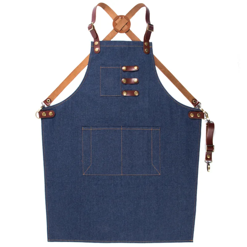 Blue Denim Bib Apron Leather Strap Barber Hairdresser Florist Painter