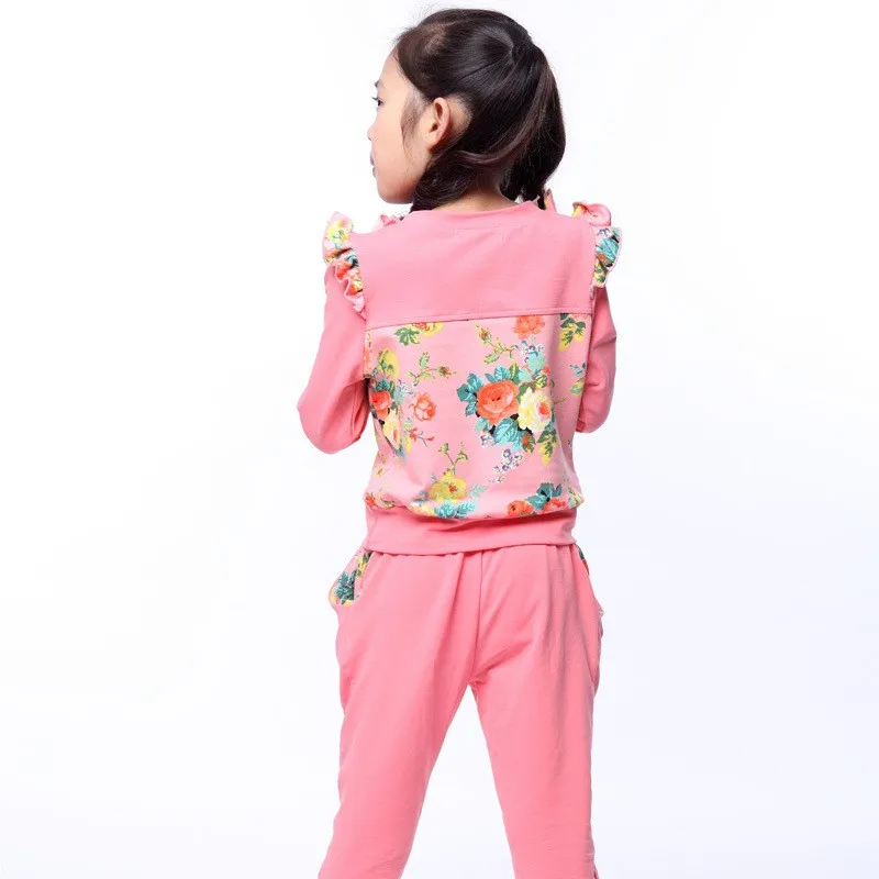 Детская Костюмы осень активный Одежда для девочек 2 предмета в комплекте цветочный шить наряд Спортивный костюм для детей костюм для