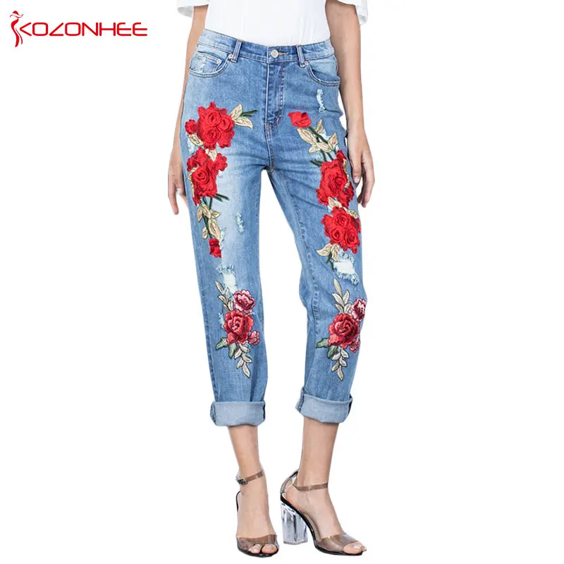

Stretching 3D Torn Jeans With Embroidery Rose Flower Elastic Jeans Women's With Female Large Size