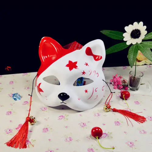 Half Face Fox Mask Japanese Anime Hand-painted Kitsune Halloween Cosplay Mask