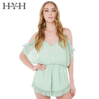 

HYH Haoyihui Fashion Women Sexy Rompers Green Cold Shoulder Ruffled Playsuit Sweet Backless V Neck Short Jumpsuits Playsuits