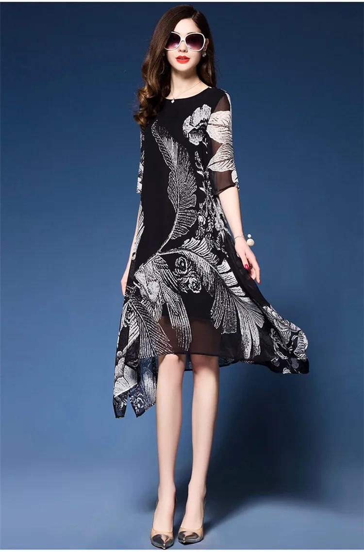 Женское весенне-летнее платье с принтом, имитация шелка, половина рукава, цельное платье, женское модное свободное платье средней длины, M-3XL