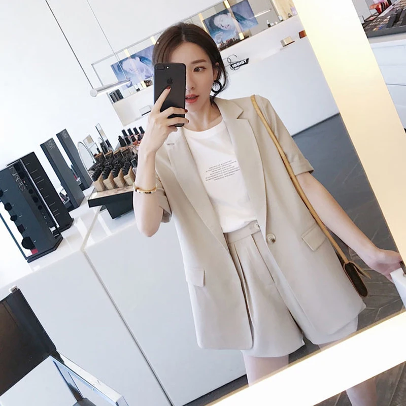 Pièces Avec Pur Short Décontracté Costume Femmes Élégant Shorts Ensemble Pour Combinaison Les Noir amp; Blazer Chauds apricot Femme 2 Couleur Pantalon 2019 D'été XIqx45U