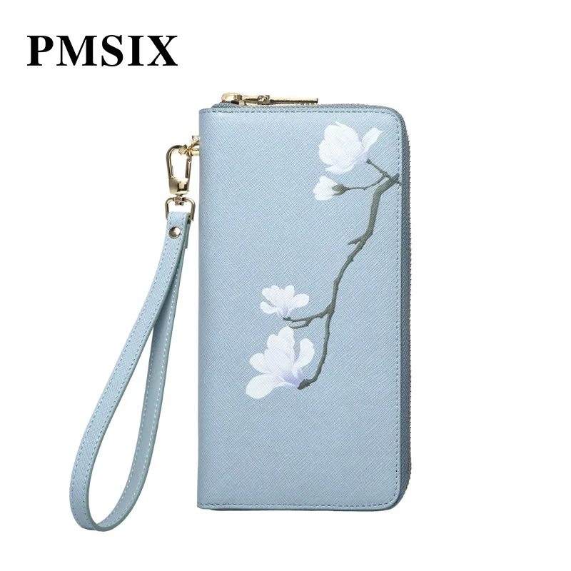 

PMSIX Women Wristlet Handbags Split Leather Floral Printed Women's Clutch Wallet Elegant Female Purse Fashion Carteira Feminina