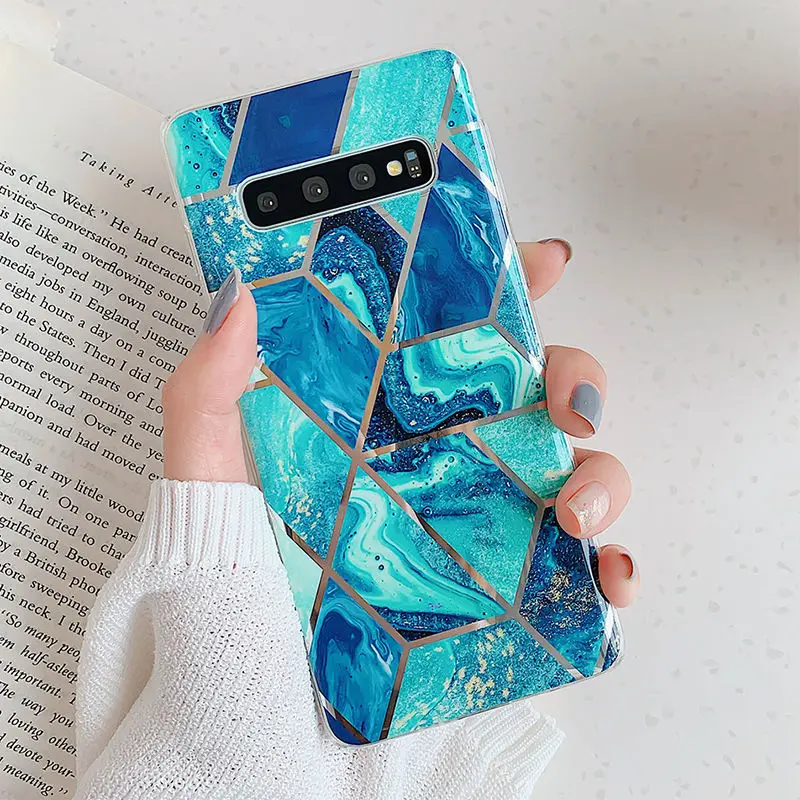 

Geometric Marble Texture Phone Cases For Samsung Galaxy A50 A40 A70 S10 Plus S10e Electroplated Marble Soft TPU Back Cover Coque