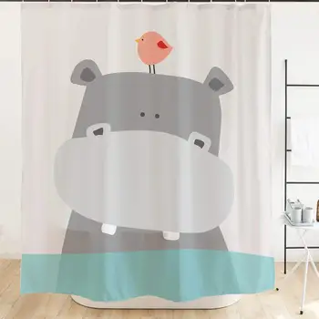 

Cute Hippo Kids Shower Curtain Teal White Grey Animal Baby River Horse Bird Ocean Fabric Shower Curtains