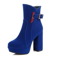 Super Big Size 32-48 2016 Brand Thick High Heels Flock Women Shoes Platform Buckle Strap Ankle Boots Add Fur Fall Winter Boots