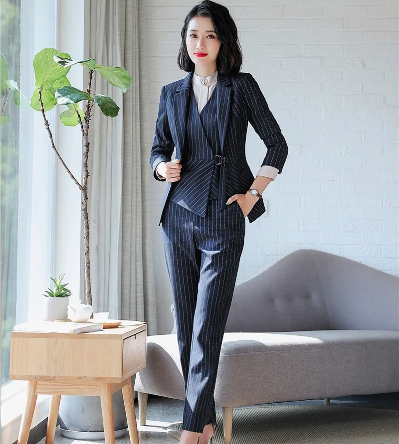 2018 New Styles Formal Pantsuits With 3 Piece Jackets And Pants And Vest Coat & Waistcoat Ladies Pantsuits Fashion Striped