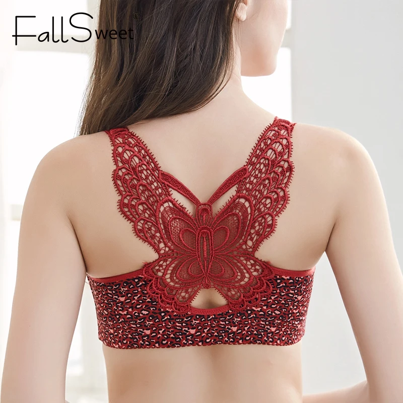 Koop FallSweet Luipaard Voorsluiting Beha Draadloze Schoonheid Kant Terug Bras voor Vrouwen Plunge Push Up Ondergoed