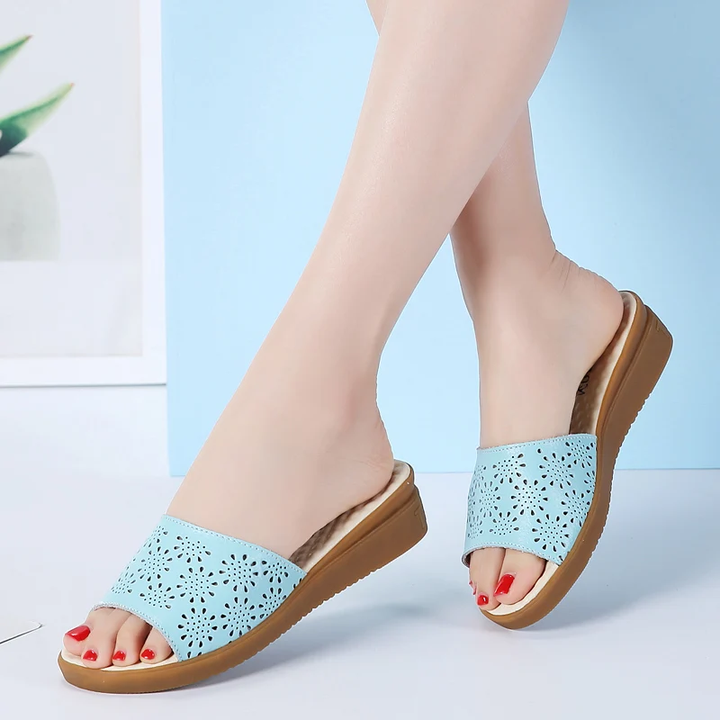 

AARDIMI Summer Cow Leather Flat Women Slides Non-slip Tendon Bottom Ladies Slippers Solid Hollow One-button Mothers Sandals