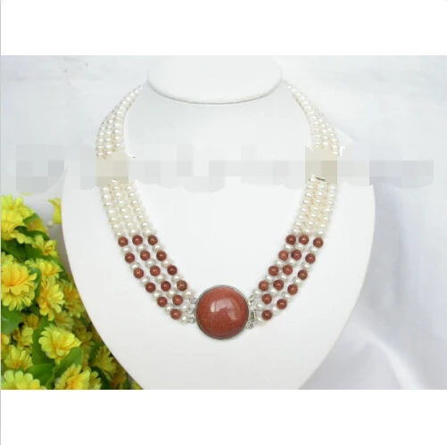 

FREE SHIPPING>@@> Genuine 3strand white pearl gold-sand stone necklace ^^^@^Noble style Natural Fine jewe &