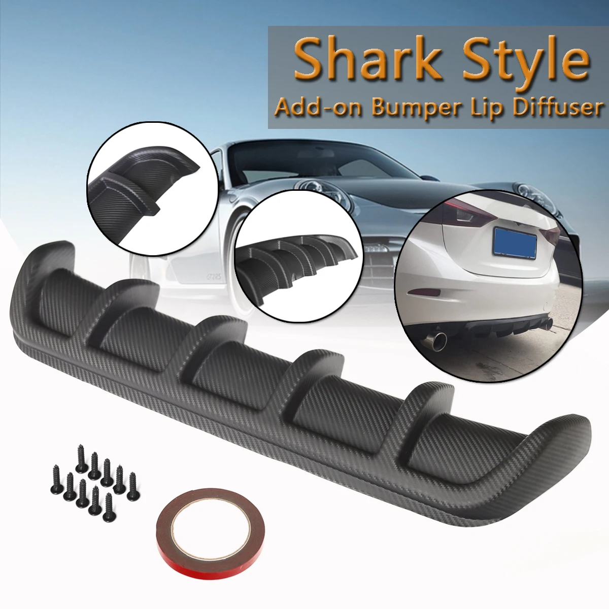 25/"x5/" Matte Black Rear Diffuser Shark 6 Fin Splitter Shark Fin ABS Universal