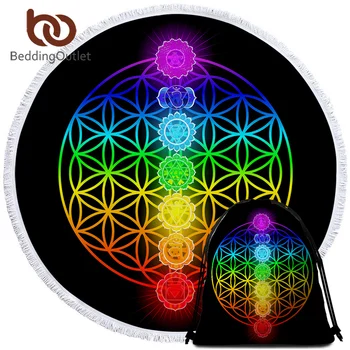 BeddingOutlet Chakra Round Beach Towel Zen Theme Yoga Mat Colorful Summer Blanket Geometric Bath Towel Flower of Life Serviette 1