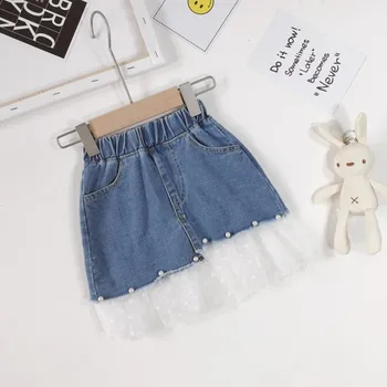 

Girls Skirt Jeans Korean Baby Girl Lace Stitching Jeans Skirt Kids Denim Half-length Skirt for Girls Pearl Skirt 2-8 Years