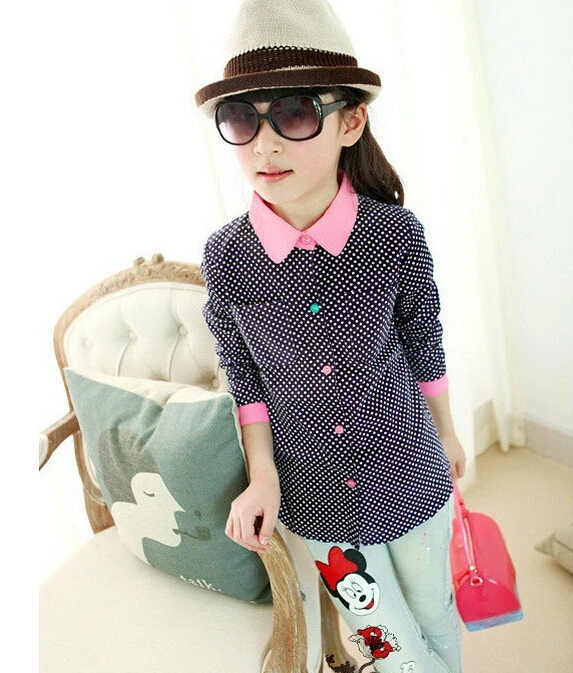 Girls Dot Shirts Spring & Autumn Children Long Sleeve Blouse 4-14 Years Brand Kids Clothes Outerwear