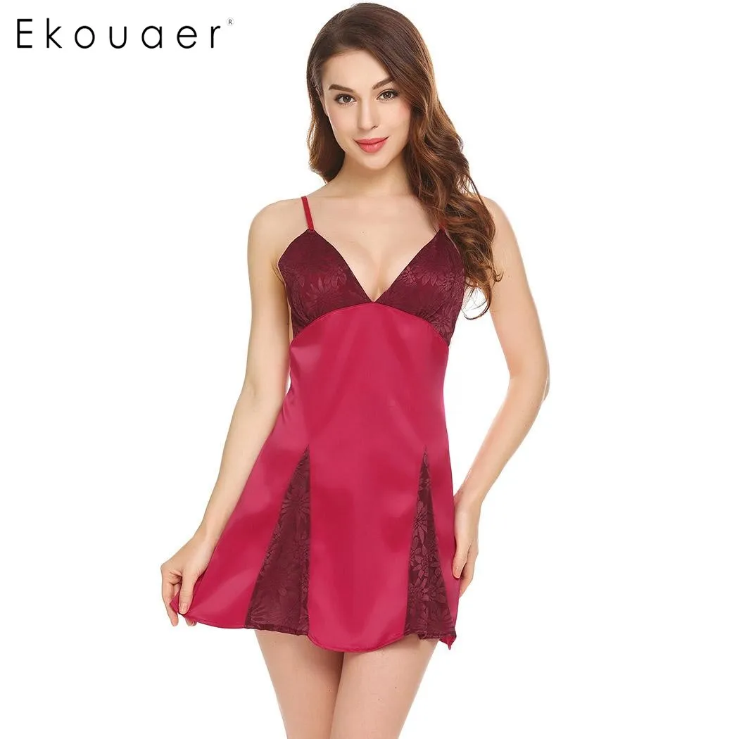 

Ekouaer Women Sexy Night Dress Sleepwear Casual Spaghetti Straps Lace Patchwork Backless Sleep Dress Female Home Mini Nightgown
