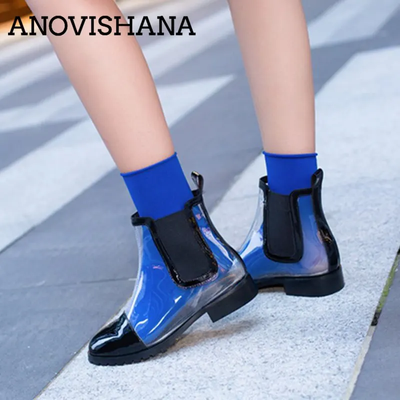 

ANOVISHANA Womens Transparent PVC Ankle Boots Women flat Heels Clear Shoes women Short Boots female botte femme size 44
