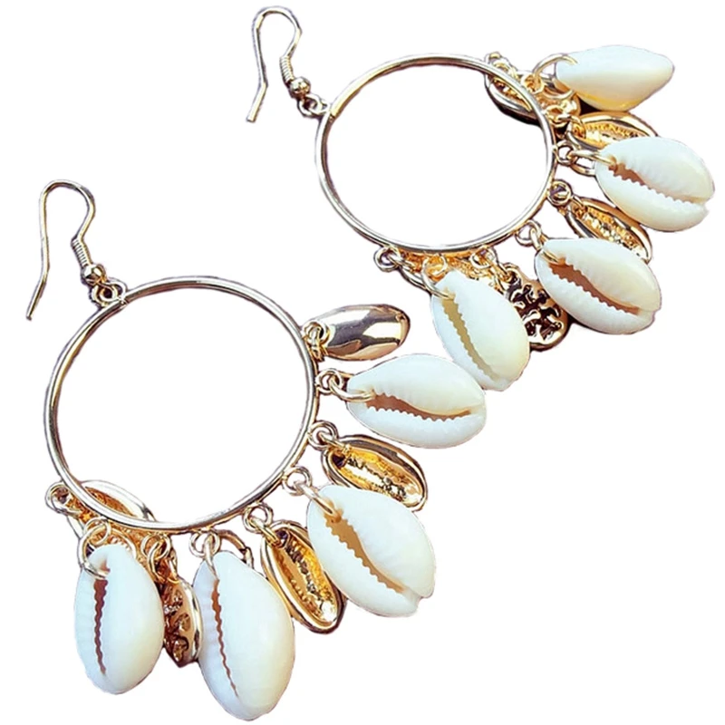 

Fashion Women Bohemian Style Cowrie Shell Big Circle Drop Earrings Man-Made Ivory Shell Dangle Earrings