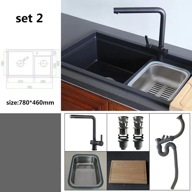 Fregadero de piedra de cuarzo, fregadero de granito, fregadero de doble