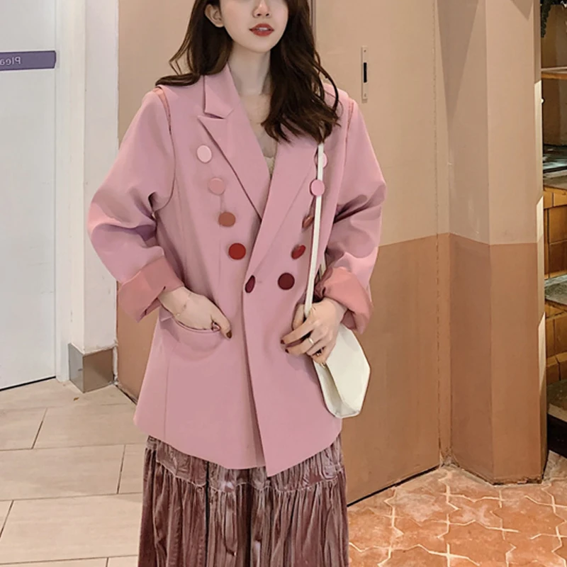 Spring Pink Women Blazers 2019 Solid Double Breasted Korean Loose Female Jacket Long Sleeve Office Ladies Blazer Outwear Femme