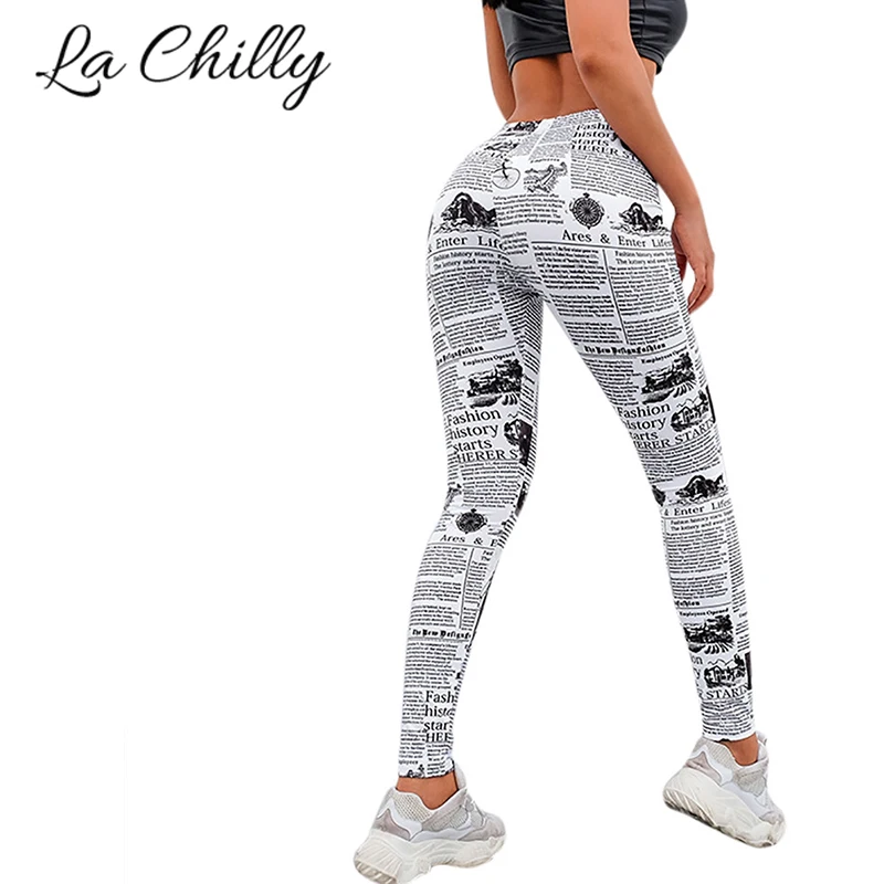 

Workout Leggings Women Capris Summer Skinny Slim Leggings Newspaper Printing Elastic Push Up Leggings Mallas Deportivas Mujer