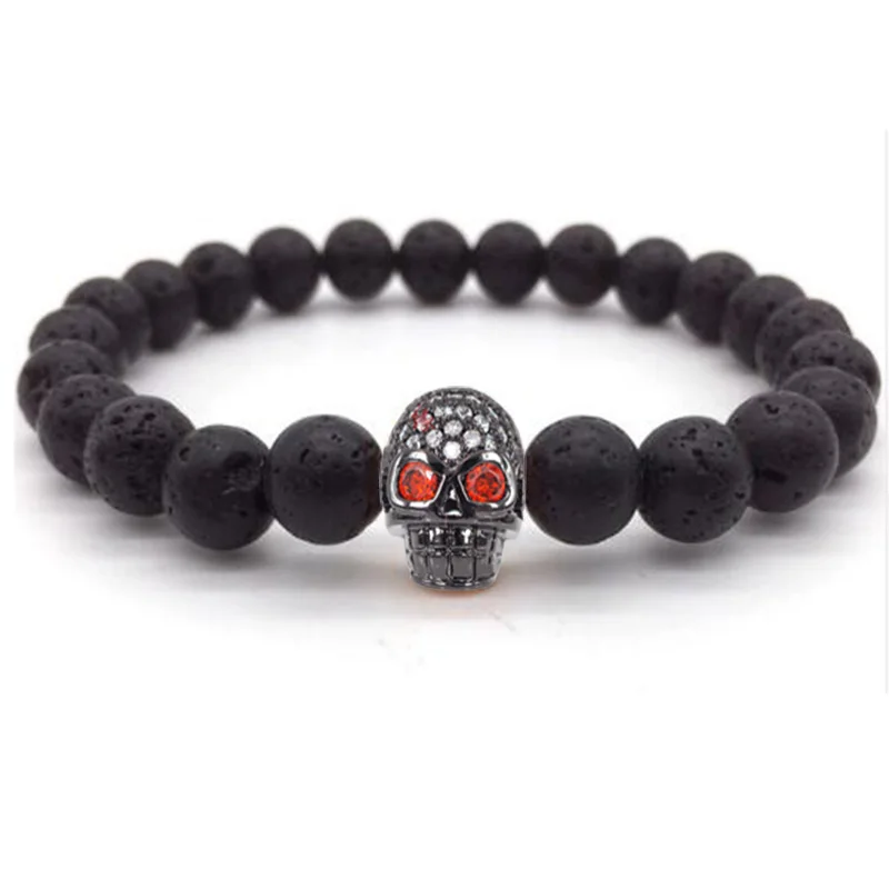 LERNEJO Lava Beads Bracelet DIY New Charm Skull Bone Black Natural Stone Crystal Bangles Fidget For Men Women Volcanic rock 10