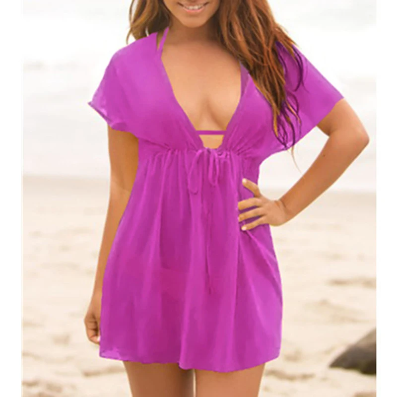 Сексуальные женские свободные пляжные саронги, кружевная одежда, накидка без рукавов, бикини с глубоким v-образным вырезом, женский купальный костюм, Пляжное Платье-туника - Цвет: Фиолетовый