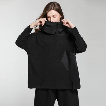 

Women Woven Hoodies Sweatshirts Black Winter Casual Plus Size Pocket Patchwork Black Fashion Top Hooded Sweatshirt Oversized