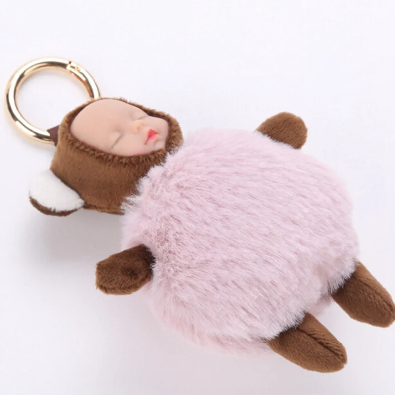 New Cute Sleeping Baby Doll Keychain Pompom Rabbit Fur Ball Key Chain