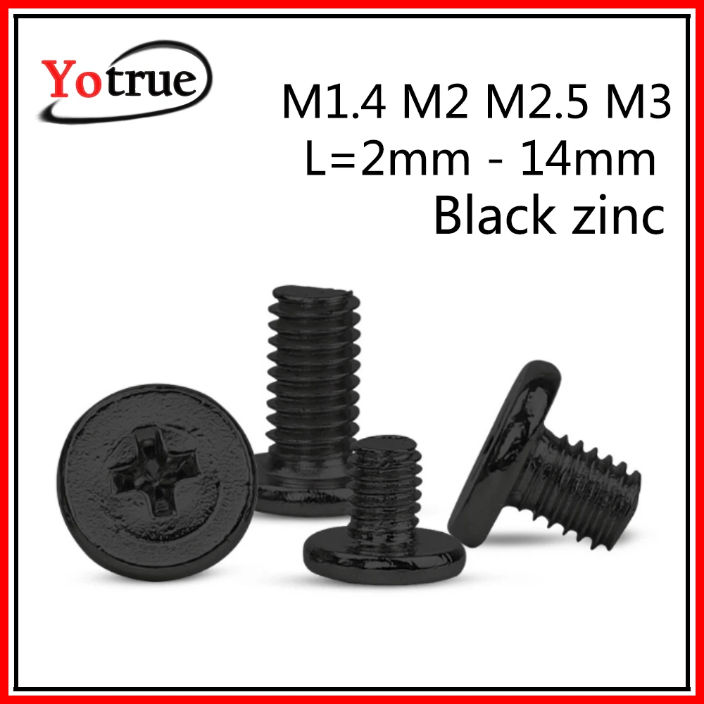 500 шт./лот M1.4/M2/M2.5/M3* 2 мм-14 мм черные, оцинкованные тонкий головки micro сверлильный станок, плоские винтики ноутбук винт для электронного шуруповерта см