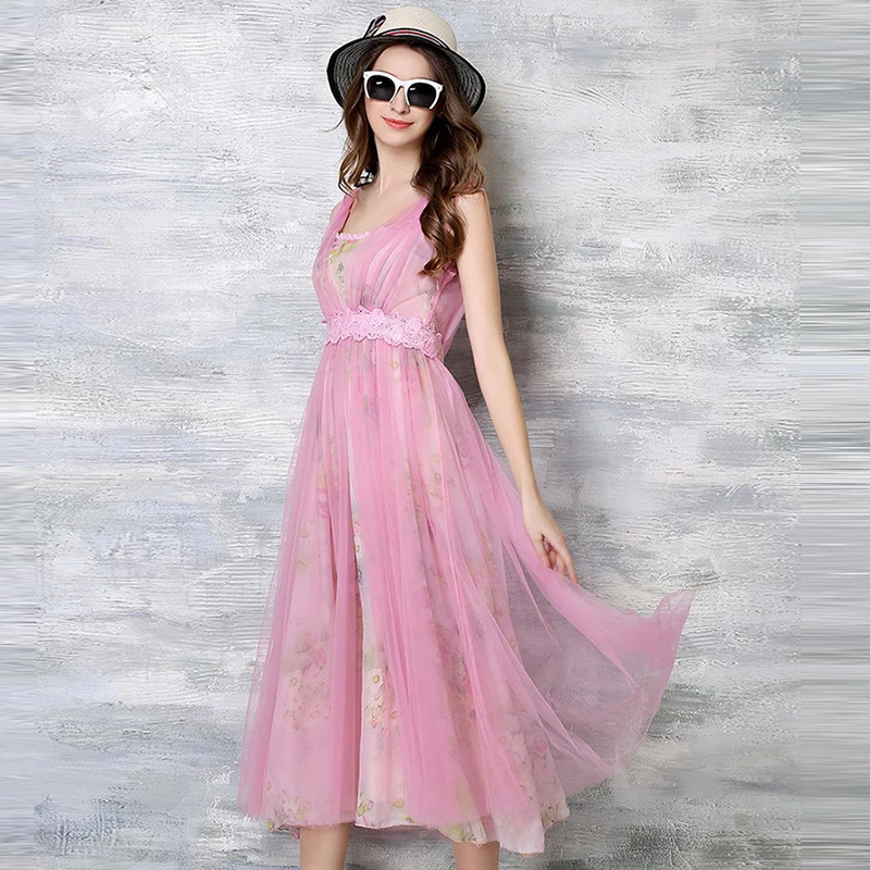 Pink Party Dresses Runway Floral Bohemian Flower Print 2 Pieces Vintage