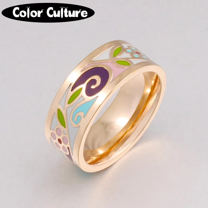 

Brand Exclusive Beautiful Flowers Color Vintage Enamel Ring Vintage 0.8cm Width Gilded Stainless Steel Rings for Women