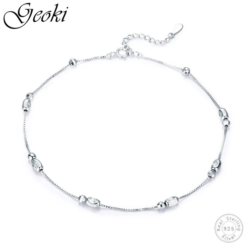 

Geoki 925 Sterling Silver Section Round Beads Bracelet for Feet Female Original Design Flat Charms Chain Anklets Foot Jewelry