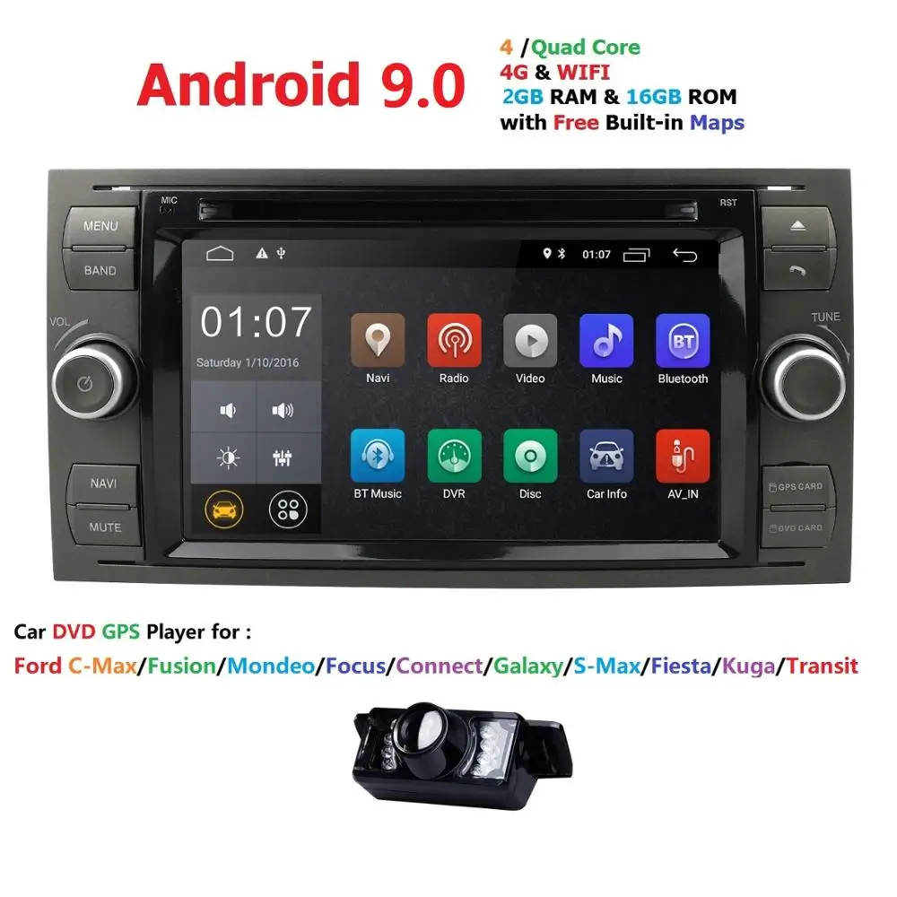 

Android 9.0 Quad Core Double 2 Din Car DVD GPS Navigation Player Multimedia Player for For Ford/Mondeo/Focus/Transit/C-MAX/S-MAX