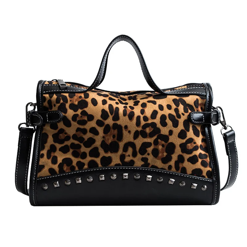 

2019 New Large Capacity Leopard Print Handbags Women Retro Spell Zipper Messenger Bag Girls Solid Color Rivet Shoulder Bag