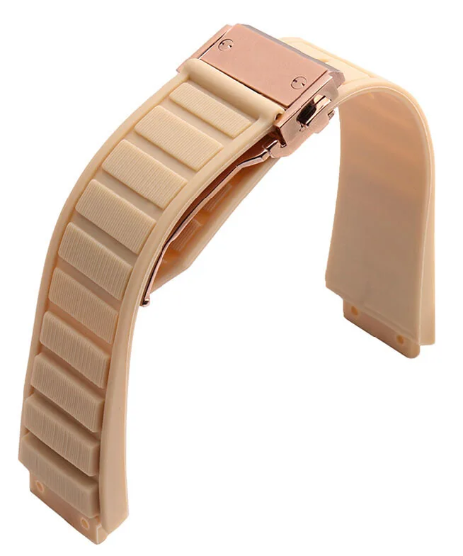 26mm x 19mm Watch lug Rose Gold Deployment Clasp Beige Soft Diving Silicone Rubber Watch BANDs