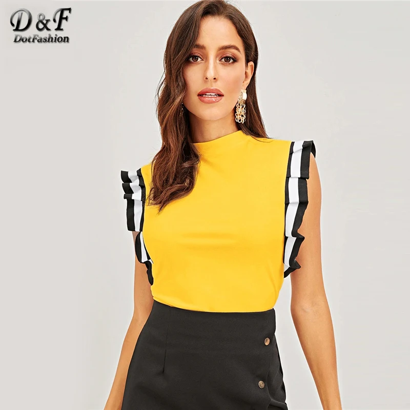 

Dotfashion Yellow Mock Neck Striped Pleated Ruffle Armhole Top Women Clothes 2019 Elegant Summer Korean T-Shirt Slim Fit Tee