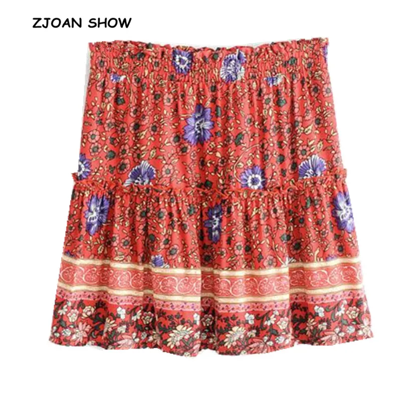 

2019 New Women Spring Bohemian Red Floral Print Spliced Ruffles Mini Short Skirt Summer Elastic Waist Cotton Skirts Femme Beach