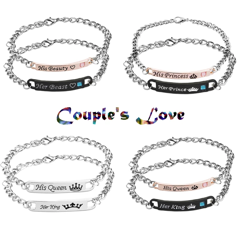 cheap MINGQI Set Bracelets His Queen Her King His Beauty Her Beast Her Prince His Princess Crown Couple pair Bangle Jewelry lover Gift
