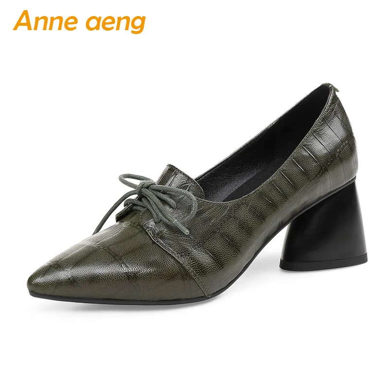 

2018 New Autumn Genuine Leather Women Pumps High Heels Pointed Toe Lace-up Elegant Sexy Office Ladies Women Shoes Green Pumps